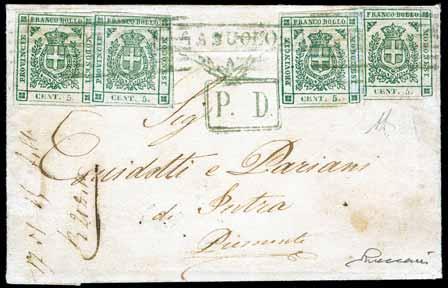 000 42 41 41 * 1860 - Lettera spedita da Sassuolo per Intra il 15.02.1860, affrancata con quattro esemplari del 5 c.