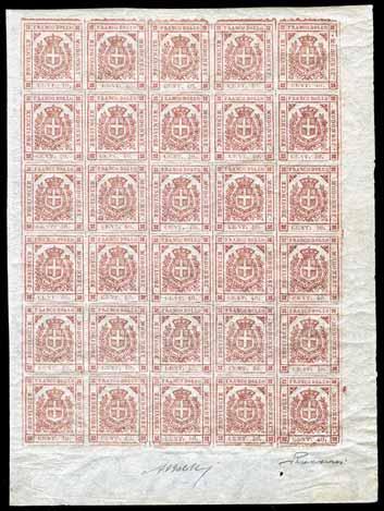 900 1.000 54 55 54 1859-40 c. rosa carminio, blocco di trenta esemplari (quarto di foglio inferiore destro). Cert.