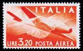 000 500 POSTA AEREA 190 1945/47 - Democratica 3,20 Lire rosso arancio, fresco esemplare ben centrato, con filigrana CS. Non comune (128 - Sass. Spec.