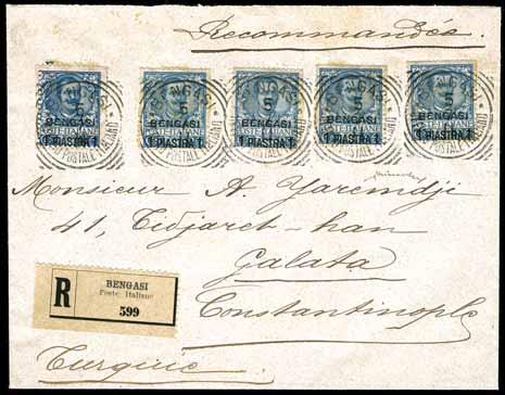 250 500 BENGASI 222 * 1911 - Busta raccomandata spedita da Bengasi per Costantinopoli il 5.07.1911, affrancata con cinque esemplari dell 1 pi. su 25 c. azzurro. Non comune (1). Foto.