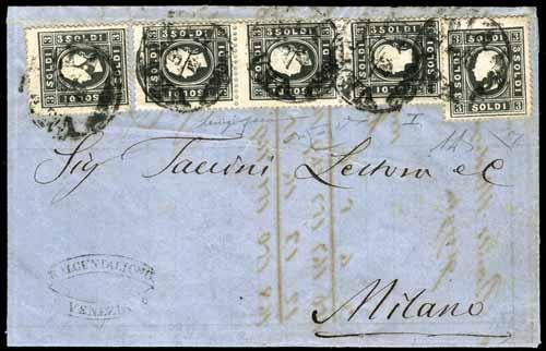 6 8 9 10 6 * 1859 - Lettera spedita da Venezia per Milano il 5.04.1859, affrancata con cinque esemplari del 3 s. nero del I tipo, di cui una striscia verticale di tre.