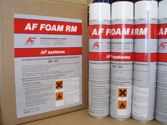 AF FOAM RM Schiuma espansiva antifuoco AF FOAM RM è un prodotto monocomponente a base di schiuma poliuretanica sotto pressione in un apposito contenitore aerosol da 740ml.
