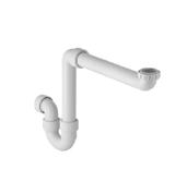 --Space-saving siphon for washbasin with adjustable pipe in white PVC. --Siphon économie d espace pour lavabo avec tuyau modifiable en PVC blanc.