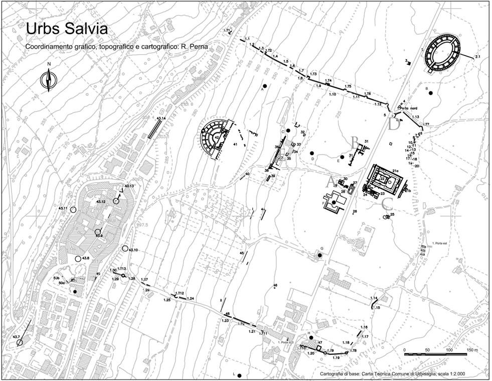 Roberto Perna, Sofia Cingolani, Valeria Tubaldi, Valentina Capradossi & Ludovica Xavier de Silva Fig. 1. Pollentia-Urbs Salvia. Carta archeologica della città con localizzazione delle aree citate.