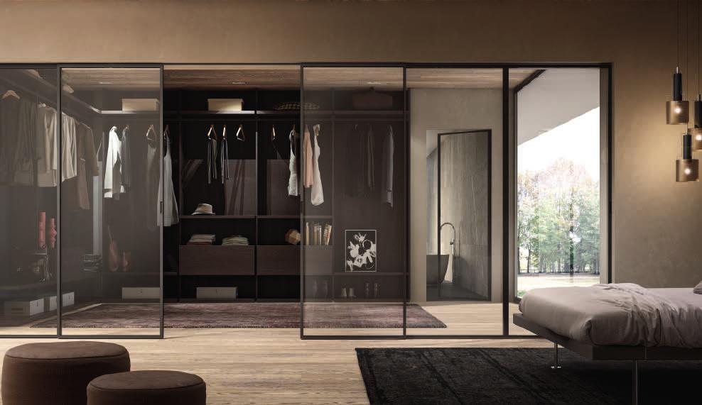 Shine sliding doors 80 x 210 cm telaio moka / moka frame vetro float / float glass maniglia incassata / recessed handle ITA Porte scorrevoli in vetro, flessibili nelle dimensioni, rigorose nell