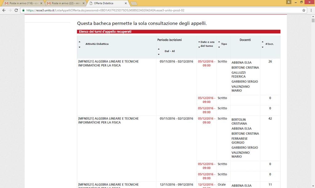 La pagina mostra l elenco degli appelli programmati dal Dipartimento selezionato (es: