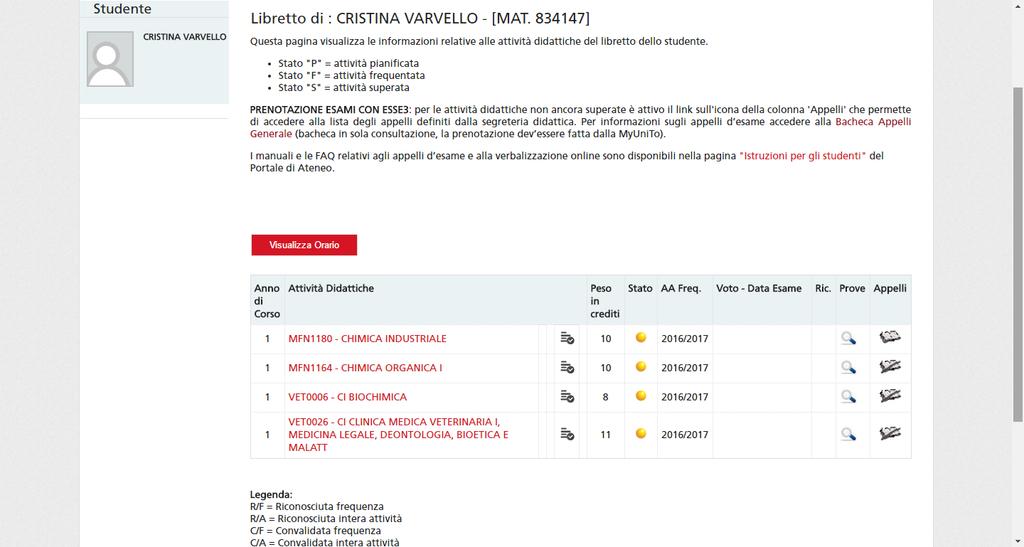 LEGENDA: Appello APERTO: Periodo di prenotazione APERTO, l appello può essere prenotato.