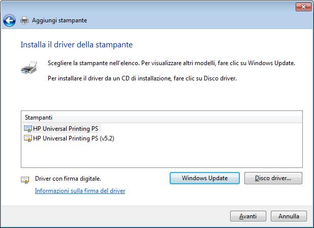 Selezionare la stampante HP Universal Printing PS.