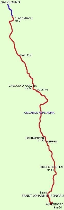 Lunedì 26 agosto SALISBURGO SANKT JOHANN IM PONGAU km 64 D+ 970 D- 650 La tappa segue il percorso della Ciclovia Alpe Adria (Salisburgo Grado) e si snoda per la maggior parte lungo il fiume Salzach,