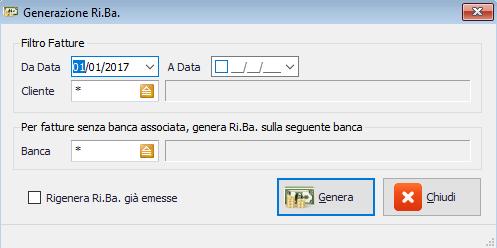 Generazione effetti Ri.Ba. Voci di menu: Ricevute Bancarie > Generazione effetti - Riba. 3 Questa schermata, sulla base delle fatture generate aventi come condizione di pagamento una Ri.Ba., utilizza i righi dello scadenzario per generare automaticamente le relative Ri.