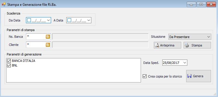 Stampa/Genera Ri.Ba. Voci di menu: Ricevute Bancarie > Stampa/Genera Ri.Ba.. 6 Attraverso questa videata è possibile stampare l elenco delle Ri.Ba. sulla base dei filtri impostati (pulsanti Anteprima e Stampa ) e generare il file Ri.