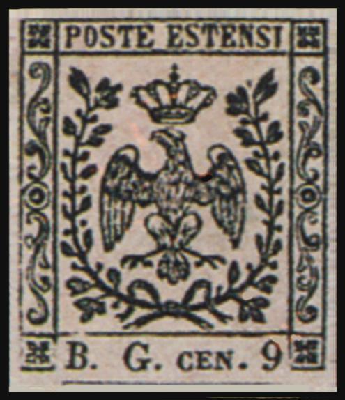 1 aprile 1853 B. G. GRANDE (caratteri alti mm. 1 ½) Soggetto: aquila estense coronata Stampa: tipografica in nero Fogli: 120 es.