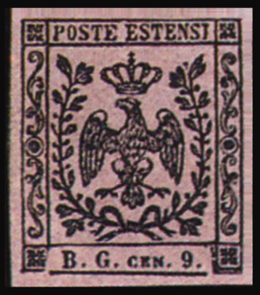 21 maggio 1853 B. G. PICCOLO (Caratteri alti mm. 1,25) Soggetto: aquila estense coronata Stampa: tipografica in nero Fogli: 240 es.