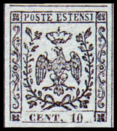 1 novembre 1857 NUOVO VALORE Soggetto: aquila estense coronata Stampa: tipografica in nero Fogli: 240 es. (60 x 4) con interspazi Filigrana: senza filigrana Dentellatura: non dentellati Tiratura: 240.