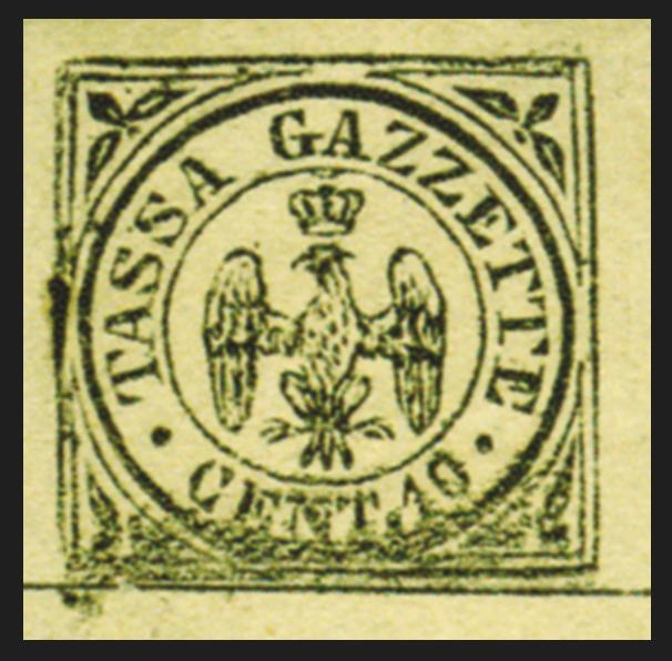 17 febbraio 1859 AQUILA ESTENSE CORONATA Soggetto: aquila estense con corona ducale entro doppio cerchio contenente l indicazione TASSA GAZZETTE CENT. 10 Stampa: a mano Fogli: 240 es.