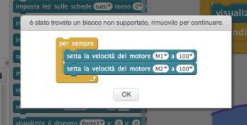 NO SI Viene visualizzato il messaggio: è stato trovato un blocco non supportato, rimuovilo per continuare mbot non segue la linea nera o non riconosce un ostacolo mbot non segue la linea nera o non