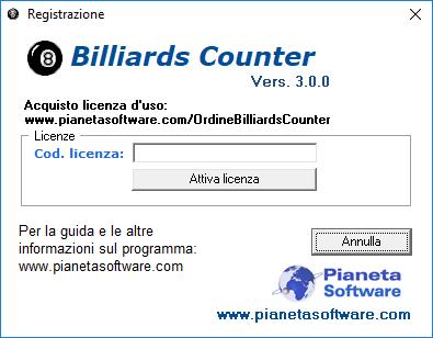 Registrazione del programma Per utilizzare pienamente Billiards Counter è necessario effettuare la registrazione.