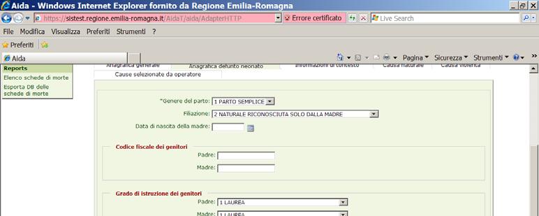 Anagrafica defunto neonato Informazioni di contesto In questa maschera (visualizzabile nella pagina successiva), i campi obbligatori sono: il NUMERO DELL ATTO, la PARTE, la TIPOLOGIA DI CAUSA, il