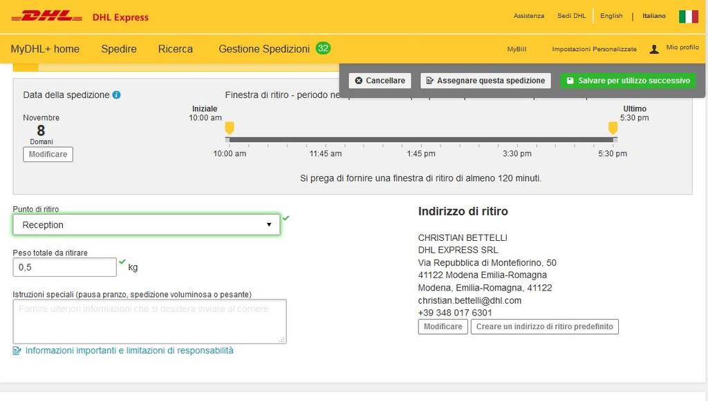 Indicare data di ritiro (se diversa da quella proposta) e fascia o raria di passaggio del corriere (non meno di 120 minuti) Indicare l indirizzo di ritiro