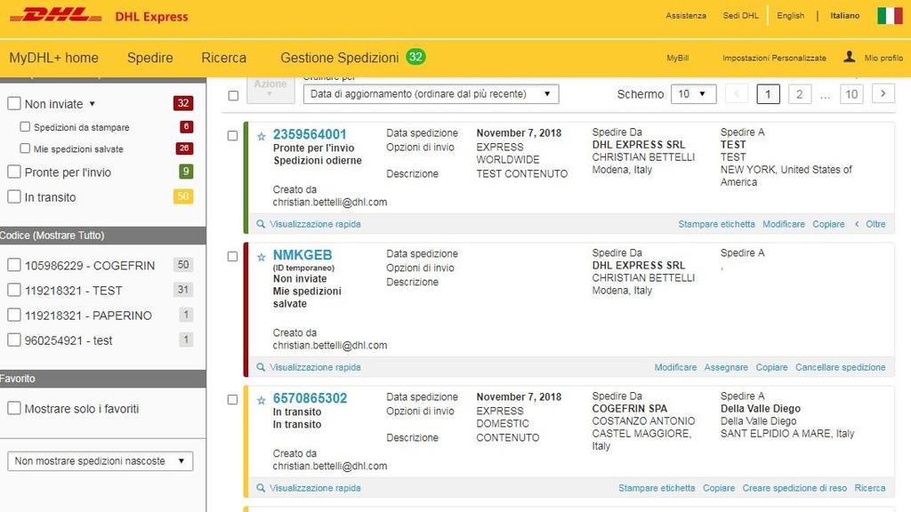 Potrò anche modificare una spedizione o cancellarla dal sistema, anche se