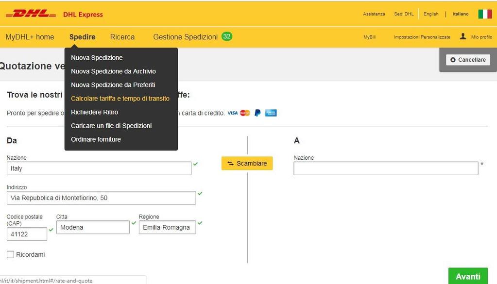 Dal menù Spedire potrò accedere alla sezione Calcola Tariffa e