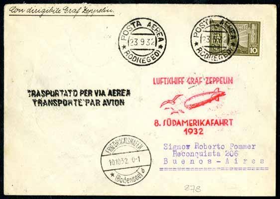 878 878 * Crociera Zeppelin Sudamerikafahrt 1932. Aerogramma da Rodi, 23.9.1932, per Buenos Aires via Fredrichshafen con 10L (64). Raro aerogramma con l alto valore. 400,00 879 * Da Cattavia, 19.10.1938, a Siena con 2 esemplari del 50cent (61) con annullo R.