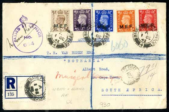 930 930 * M.E.F. Raccomandata per il Sud Africa, 1.10.1943, con 5 valori tra cui il 2p tiratura di Nairobi (2/I) e gli altri tiratura del Cairo (1, 3/5). 500,00 931 * M.E.F. Da Rodi, 22.10.1945, per Adrivas con 1p + 2 esemplari del 2 ½ p (5+6).