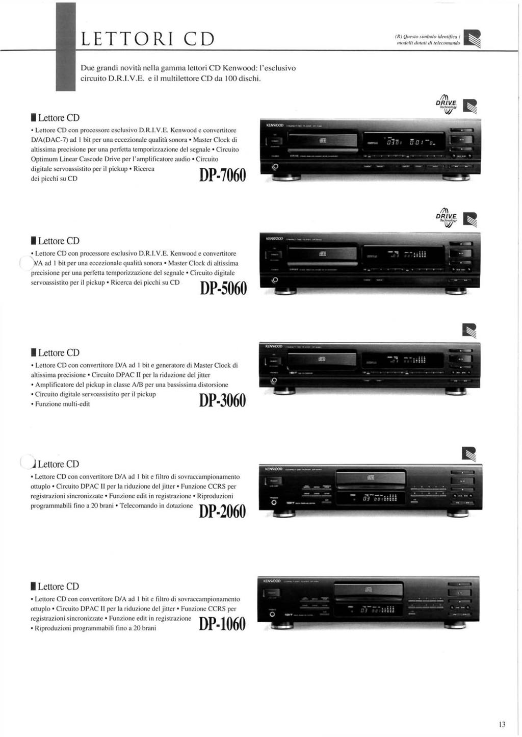 L E T T O R I C D IRI Questo sìmbolo identifica i modelli doluti di telecomando Due grandi novità nella gamma lettori C D Kenwood: l'esclusivo circuito D.R.I.V.E. e il multilettore C D da 100 dischi.