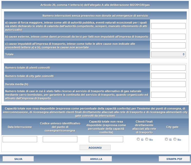 4.8 Interruzioni senza preavviso non dovute ad emergenze di servizio Nella maschera Interruzioni senza preavviso non dovute ad emergenze di servizio si richiede di inserire i dati riferiti all