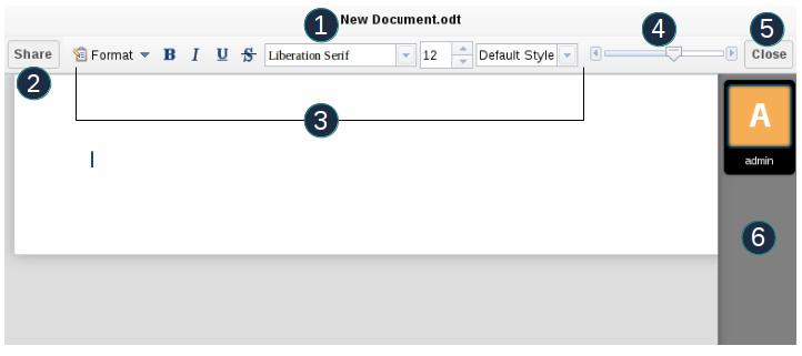 1. Clicca sul nome del file per cambiarlo. 2. Condividi il tuo documento (vedi la sezione Condividi un documento.) 3. Barra degli strumenti di formattazione. 4.
