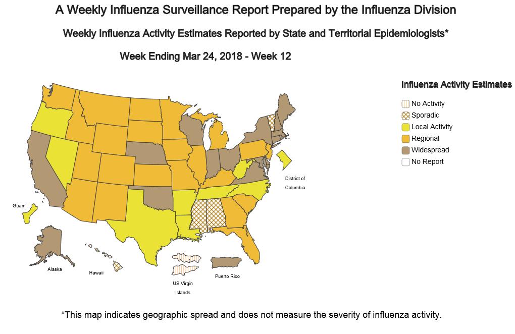 USA Durante la settimana 12/2018 la circolazione dei virus influenzali negli Stati Uniti continua a diminuire, come evidenziato nella mappa sottostante, aggiornata al 24 marzo 2018.