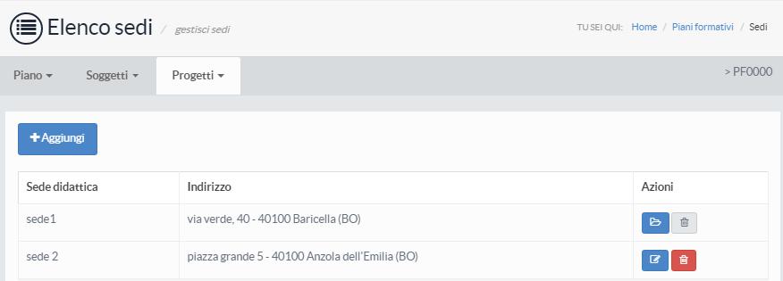 Il sistema visualizza la sede creata nella tabella ELENCO SEDI, dove sono disponibili le seguenti azioni: modifica della sede precedentemente inserita;