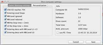 Leggi impostazioni del computer subacqueo (Read Dive Computer settings) è possibile attivare/ disattivare avvertenze che non possono