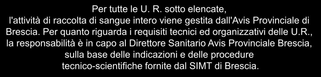 Provincia di Brescia Per tutte le U. R. sotto elencate, l'attività di raccolta di sangue intero viene gestita dall'avis Provinciale di Brescia.