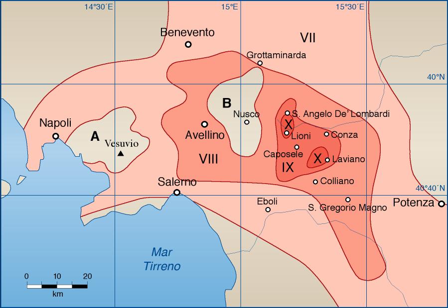 8.6 Intensità dei fenomeni sismici Nella carta sono rappresentate le aree isosismiche del terremoto dell Irpinia del 23 novembre 1980.