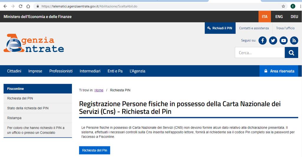 normativa, cliccare su Richiedi il codice Pin Successivamente si aprirà la seguente schermata Inserire