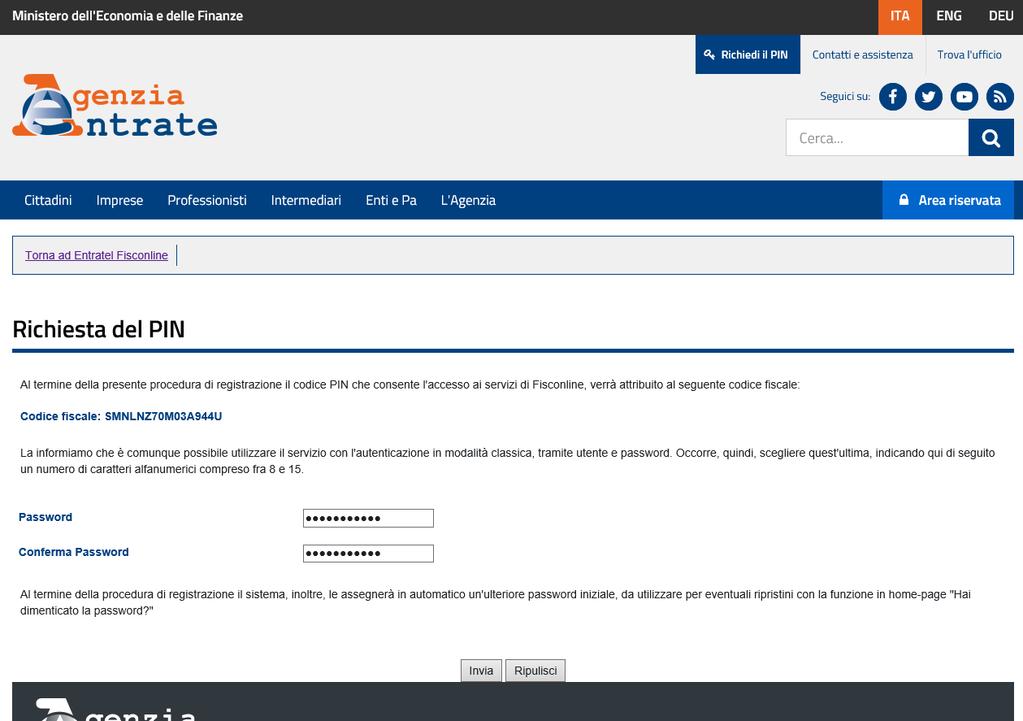 Dopo aver cliccato su OK si verrà reindirizzati alla seguente pagina Al termine della procedura verrà assegnato un codice PIN al Codice Fiscale, ma potendo utilizzare il servizio di autenticazione