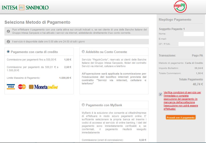 SCEGLIERE SE PROCEDERE CON PAGAMENTO TRAMITE CARTA DI CREDITO O CON ADDEBITO SU CONTO CORRENTE (POSSIBILE SOLO NEL CASO IN CUI SI ABBIA EFFETTIVAMENTE UN CONTO PRESSO LA