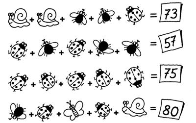 4. CERCATE LA BESTIOLINA (Cat. 3, 4, 5) Ecco qui sotto delle addizioni molto strane. I numeri sono stati sostituiti da delle bestioline: chiocciole, mosche, coccinelle e una farfalla.