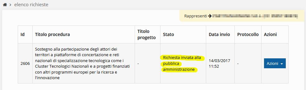 Figura 29 - Stato della richiesta Inviata alla pubblica amministrazione ATTENZIONE: Con la conclusione di questa fase termina il processo formale d invio della Richiesta da parte del Beneficiario.