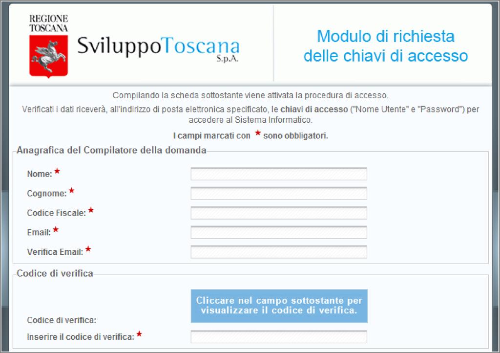 Richiesta account A fianco il modulo per la richiesta delle chiavi di accesso che l'utente deve compilare ed inviare a Sviluppo Toscana.