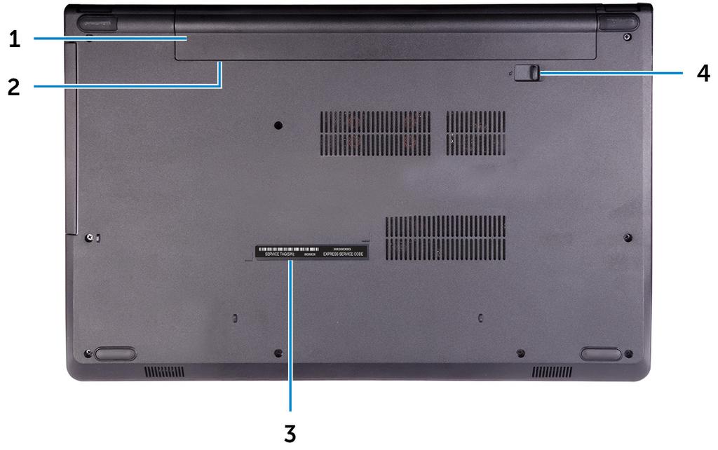 Parte posteriore 1 Battery Supplies power to the computer. It enables the computer to work without connecting to an electrical outlet for a limited time.