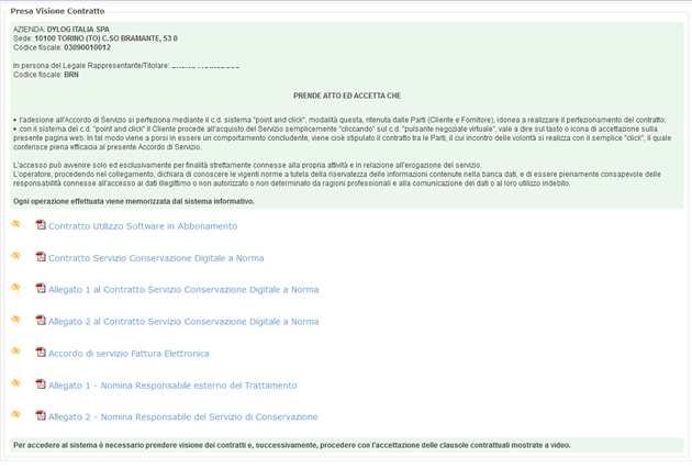 1.1.3 Accettazione documentazione Al termine della procedura di cambio password d ufficio viene mostrata la documentazione contrattuale.
