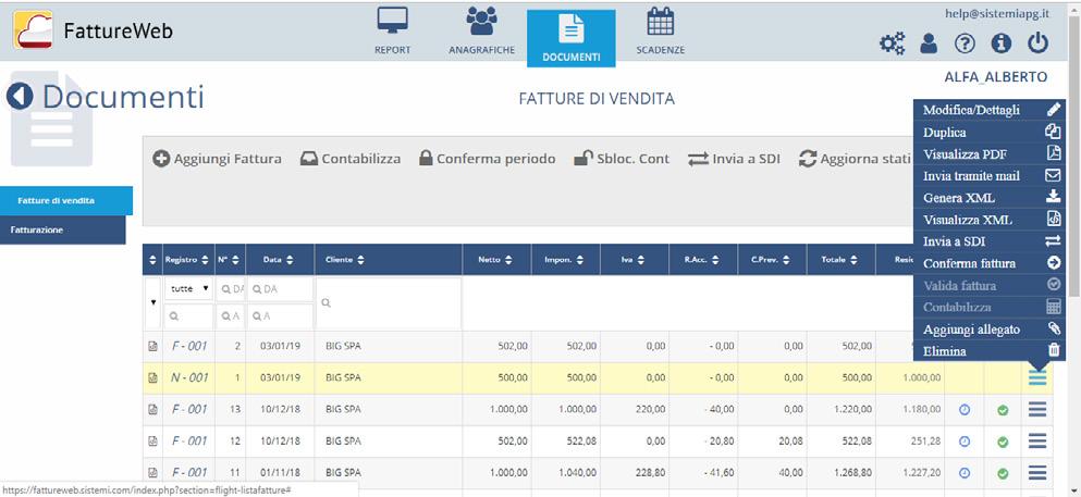 MODIFICARE LA FATTURA 1) Posizionarsi sul bottone DOCUMENTI, sezione Fatture di vendita e cliccare sul bottone Tool presente al fondo del rigo che rappresenta il documento Dal bottone Tool è