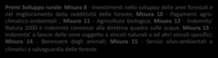 Premi Sviluppo rurale: Misura 8 - Investimenti nello sviluppo delle aree forestali e nel miglioramento della redditività delle foreste; Misura 10 - Pagamenti agroclimatico-ambientali ; Misura 11 -