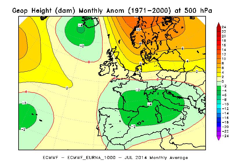 Luglio Figura 4 Anomalia dell altezza di geopotenziale a 500 hpa per il mese di Luglio 2014 rispetto alla climatologia del periodo 1971-2000. Elaborazione ARPA Piemonte su dati ECMWF.