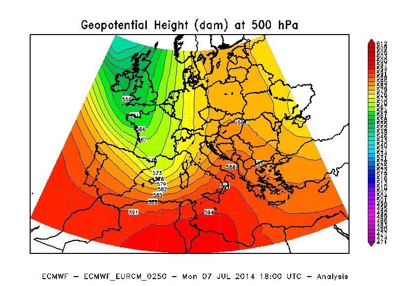 Figura 6 Altezza di geopotenziale a 500 hpa alle ore 18 UTC del 7 Luglio 2014.