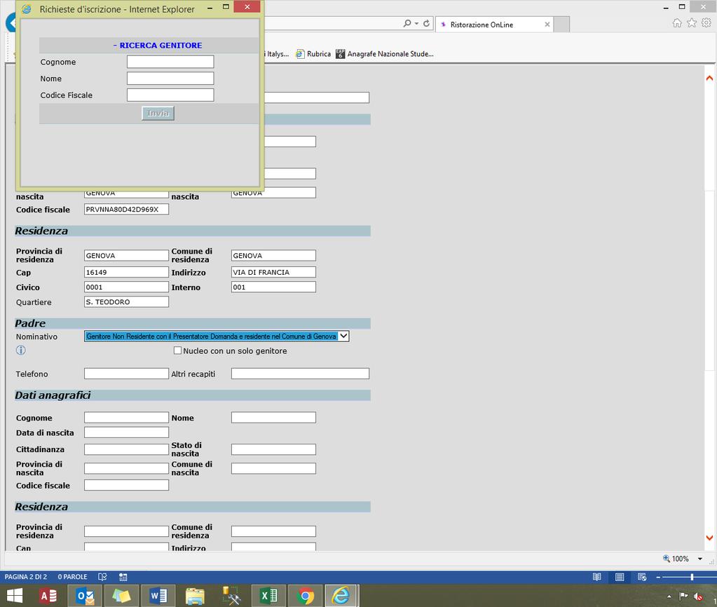 Se si sceglie la voce del menu: GENITORE NON RESIDENTE CON IL PRESENTATORE DOMANDA E RESIDENTE NEL COMUNE DI GENOVA si apre la seguente schermata