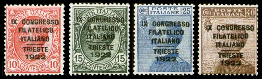 4 giugno 1922 CONGRESSO FILATELICO DI TRIESTE Stampa e soprastampa: tipografica Fogli: 100 es. Filigrana: corona Dentellatura: 14 a pettine Validità: 30 settembre 1922 (gg. 119) Tiratura: 15.