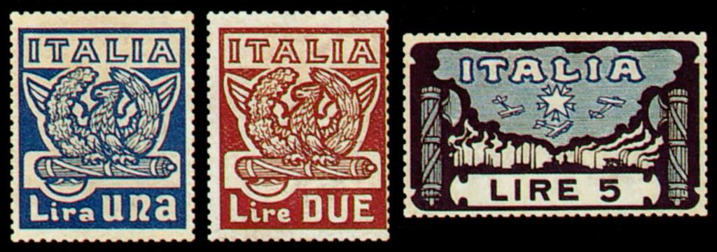 270/272, 50 es.; nn. 273/275, 50 x 4 Dentellatura: 14 a pettine Disegnatore: Duilio Cambellotti (nn. 141/143) e Giacomo Balla (144/146) Tiratura: 1.000.